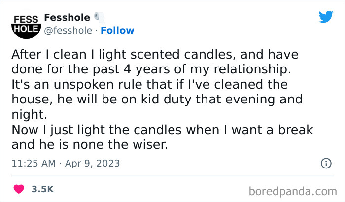 Screenshot of a tweet from Fesshole confessing to lighting scented candles as a trick to get a break in a relationship.