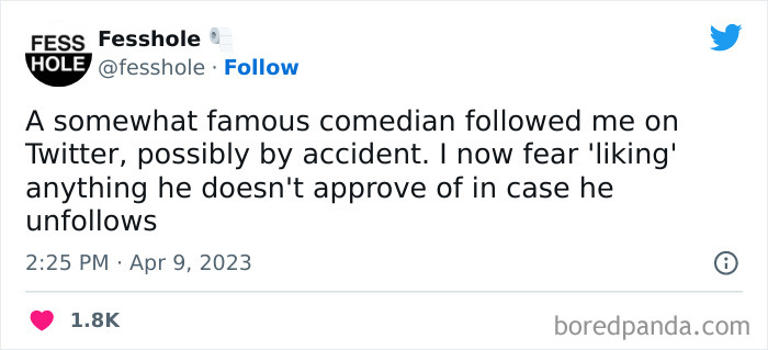 Tweet of a person confessing fear of being unfollowed by a famous comedian on Twitter.
