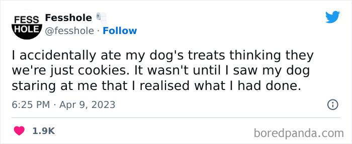 Tweet confessing an embarrassing moment of eating dog treats, part of a series on uncomfortable secrets from Fesshole.