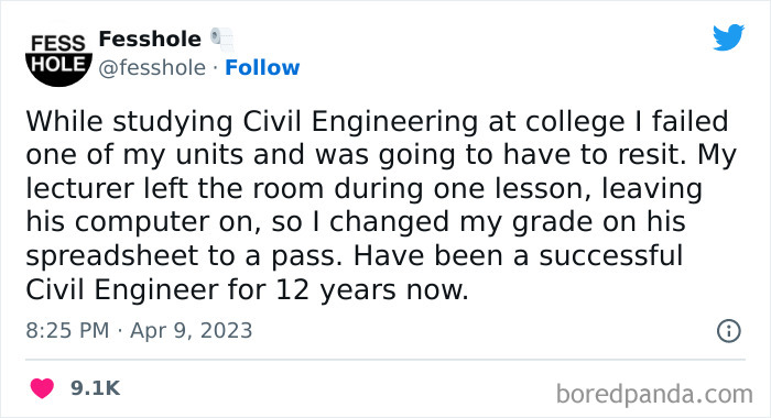 Tweet confession about changing a grade in college to pass and becoming a Civil Engineer for 12 years.