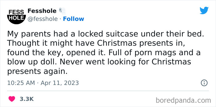 Tweet confession about finding unexpected items in a suitcase under parents' bed.