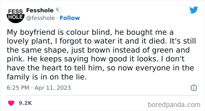 Tweet confession about a colorblind boyfriend praising a dead plant, family keeps the truth hidden.