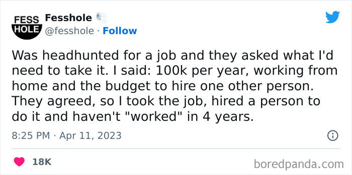Tweet confessing to taking a job with a high salary and outsourcing the work, shared on Fesshole.