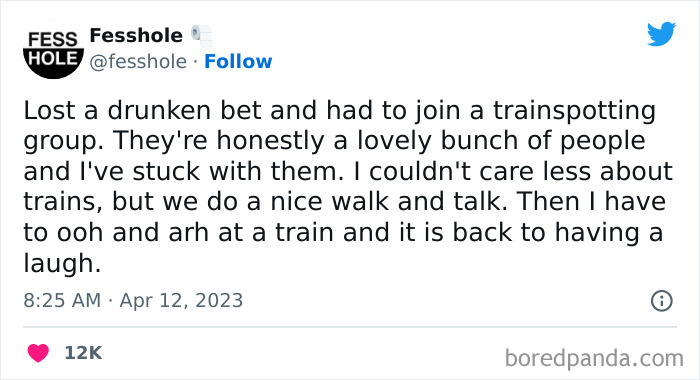 Confession tweet about joining a trainspotting group after losing a bet, with humorous insights and newfound enjoyment.