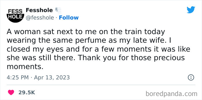 Tweet about a train encounter triggering memories of a late wife, shared on Fesshole with over 29.5K likes.