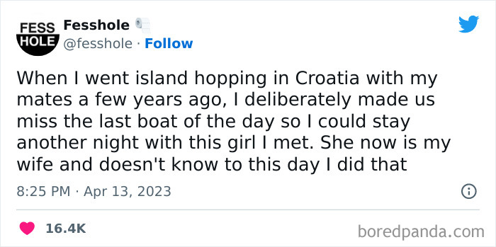 Tweet of a confession about missing a boat in Croatia to spend more time with a future spouse.