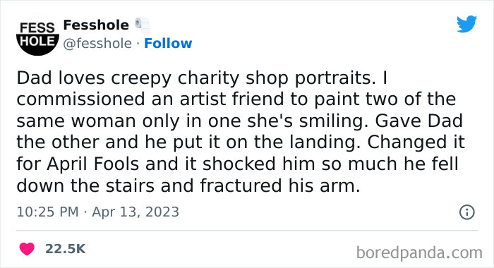 Tweet showing a person's dark secret confession about swapping portraits for an April Fools' prank resulting in injury.