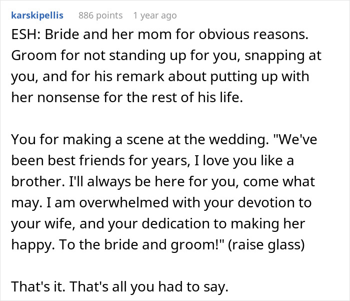 "If I Was A True Best Man, I Would Offer To Pay For The Bar Bill": Bridezilla Has A List Of Ridiculous Requirements For Best Man, He Surprises Her With A Toast "If I Was A True Best Man, I Would Offer To Pay For The Bar Bill": Bridezilla Has A List Of Ridiculous Requirements For Best Man, He Surprises Her With A Toast
