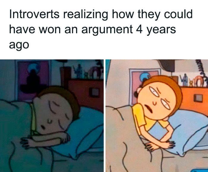 Cartoon character humorously realizing an argument win, representing introvert struggles with witty meme text.