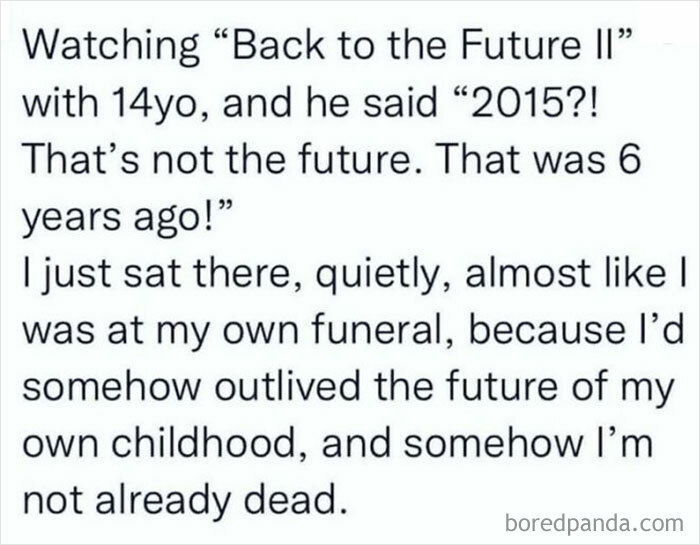 Gen X meme about realizing 2015 in "Back to the Future II" is no longer the future, feeling nostalgic and reflective.
