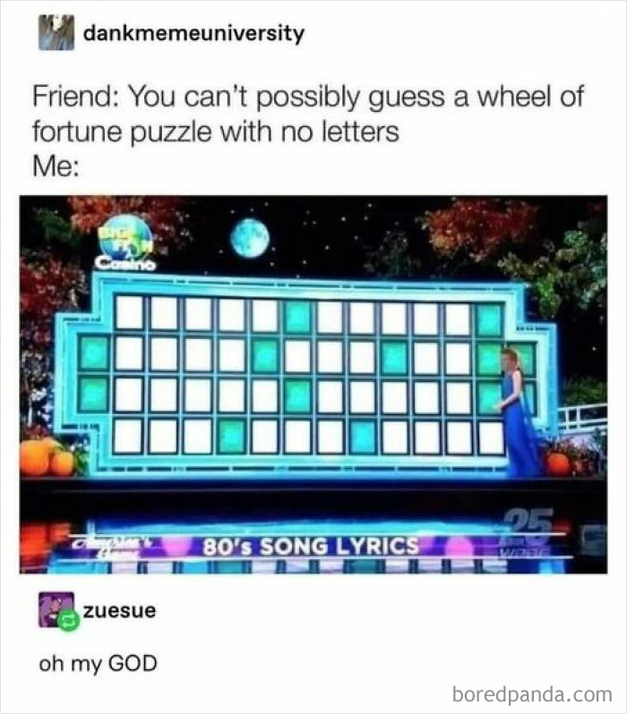 Gen X meme showing a blank Wheel of Fortune puzzle labeled "80's song lyrics."