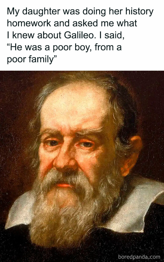 "Gen X humor meme with a classical painting labeled with a humorous take on Galileo's life story."