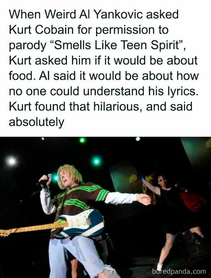 Weird Al parodying Smells Like Teen Spirit, capturing Gen X humor with striped shirt and guitar performance.