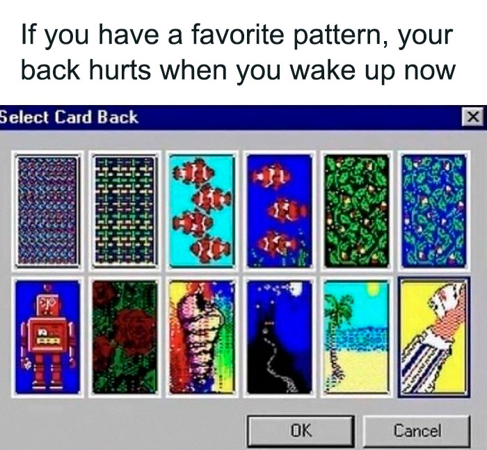 Gen X meme with a retro card back selection window from old computer game, humorous text about aging and back pain.