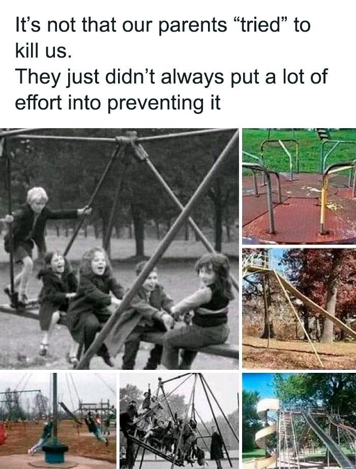 Gen X life depicted with vintage playground equipment and children playing on unsafe metal structures.