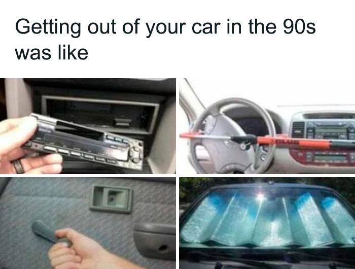 Gen X life meme humorously depicting 90s car experiences with cassette players and steering wheel locks.