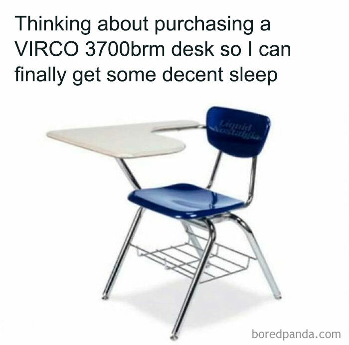 Gen X meme showing a nostalgic classroom desk with humorous text about using it for better sleep.