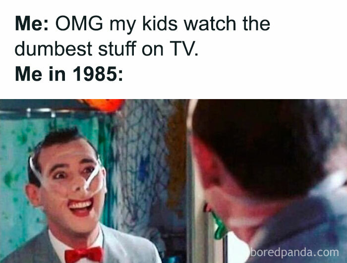 Gen X meme showing a comedic scene from 1985, highlighting relatable TV viewing humor across generations.