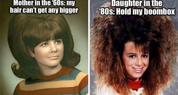 Two images humorously contrasting big hairstyles of the '60s and '80s, highlighting Gen X life.