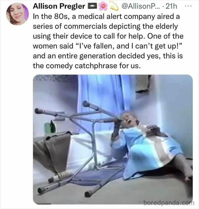 Elderly woman on floor beside overturned walker, reminiscent of Gen X life humor meme from 80s medical alert commercials.
