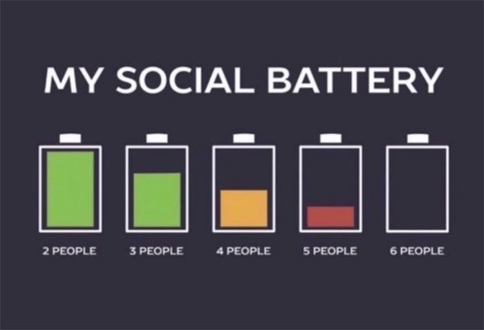 Introverts' social battery meme showing decreasing levels from 2 to 6 people in battery icons.