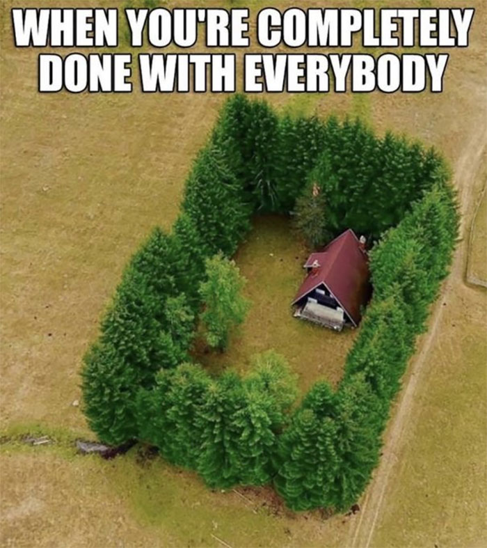 Introvert meme featuring a house surrounded by trees, captioned "When you're completely done with everybody."