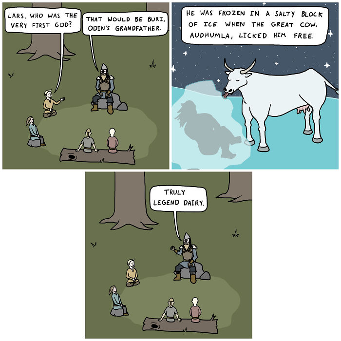 Viking pun comic featuring a cow licking a frozen figure, discussed by characters in a forest.