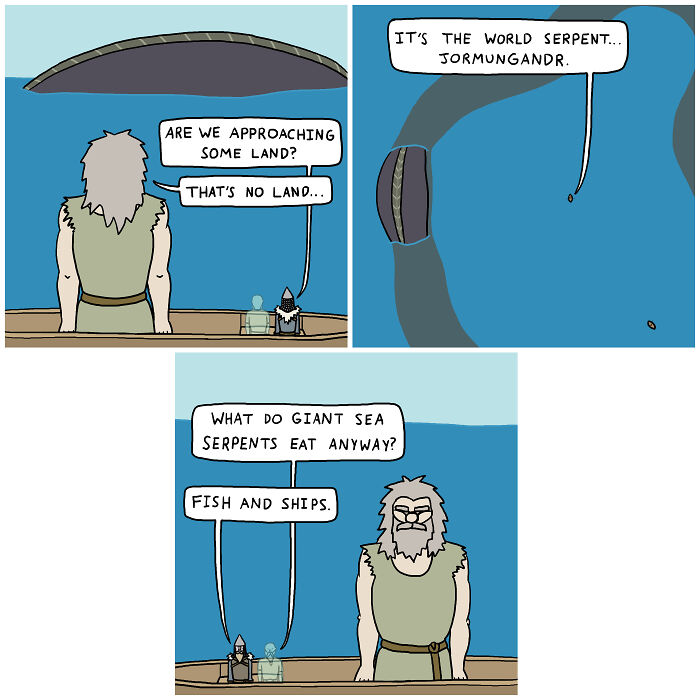 Viking comic with a pun about the world serpent Jormungandr eating "fish and ships."