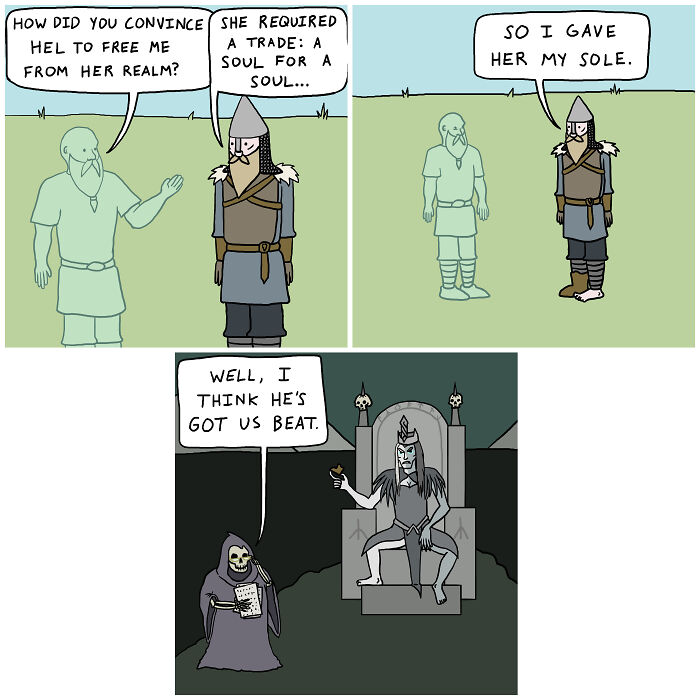 Viking with another character makes a pun about trading a "sole" for a "soul" in a comic strip.