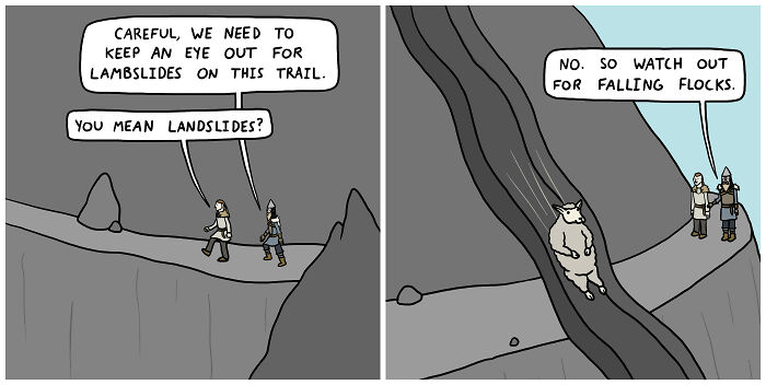 Vikings mishear "lambslides" instead of "landslides," with a sheep falling in the comic strip.