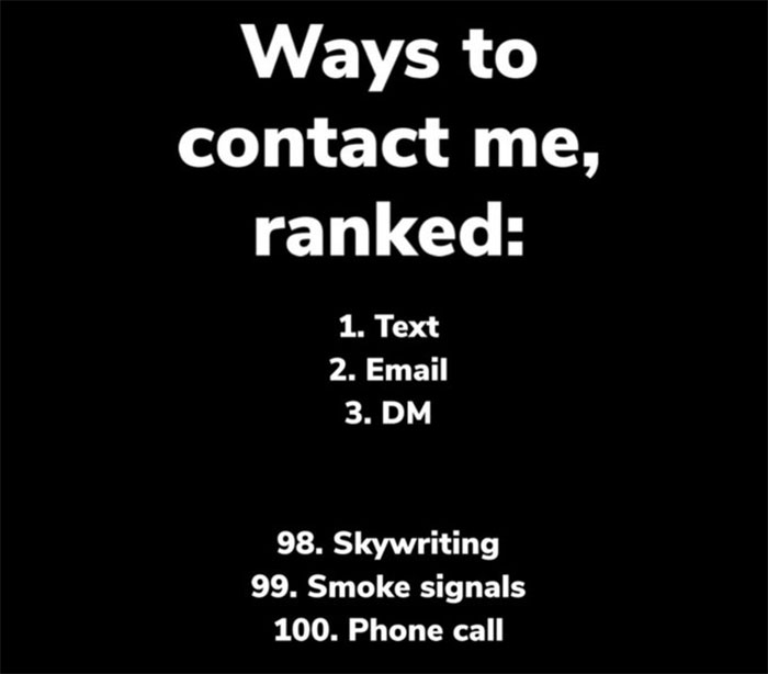 Introvert meme ranking contact preferences from text to phone call humorously.