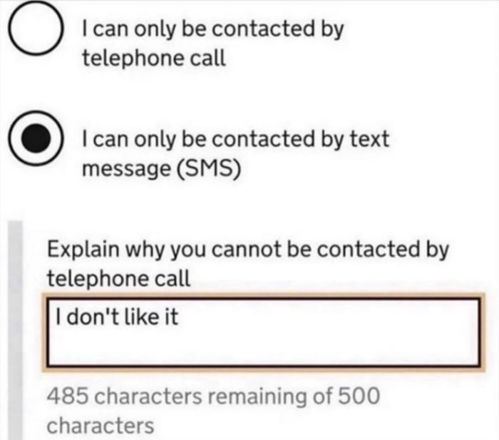 Funny introvert meme about preferring text over calls, with the response "I don't like it" for avoiding phone calls.