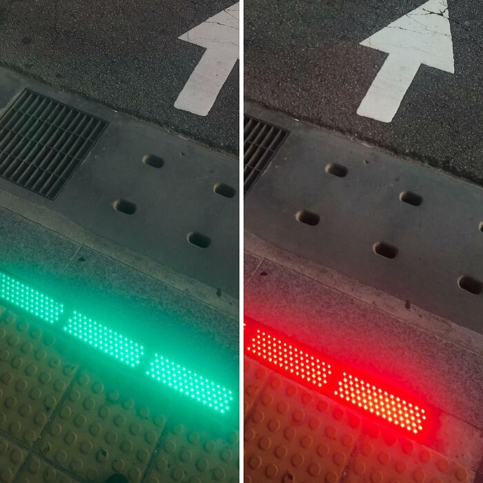 Pedestrian walkway with green and red LED lights for safety in cities around the world.