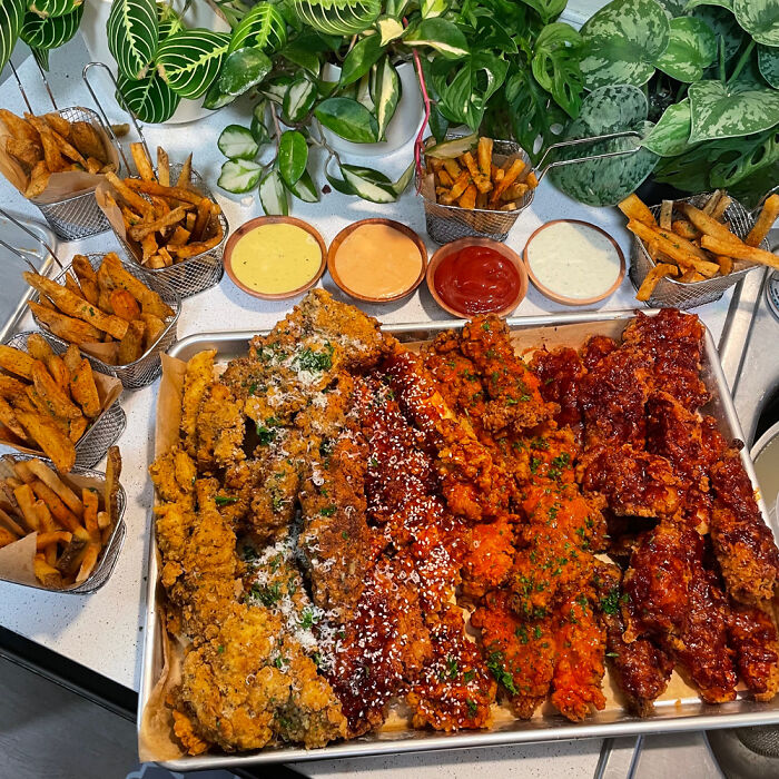 Tonight's Party Dinner Is Chicken Strips (Normal, Garlic Parm, Gochujang, Buffalo, & BBQ) W/ French Fries