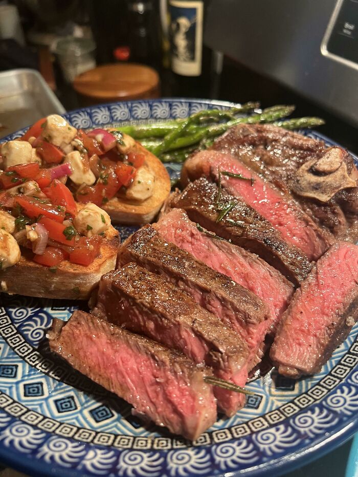 I Made Bone In NY Strip, Caprese On Focaccia And Asparagus