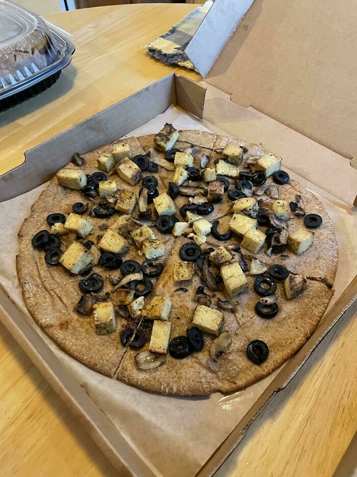 My (Vegan) Daughter's Go To Pizza: Tofu, Black Olives And Mushrooms With Olive Oil And Herb Sauce On A Whole Wheat Crust