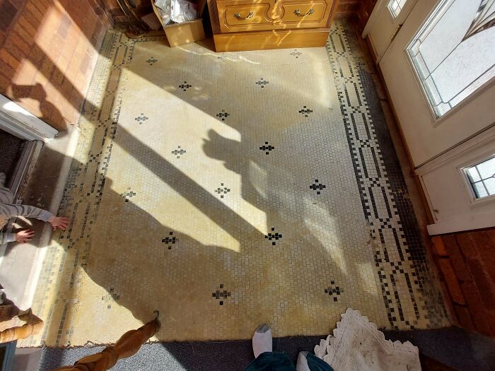 Thought You All Would Appreciate The 1920s Tile Found Under Carpet On Our Enclosed Porch. Any Advice For Cleaning It Up And Fixing The Cracks So The Ants Don't Get In This Year?