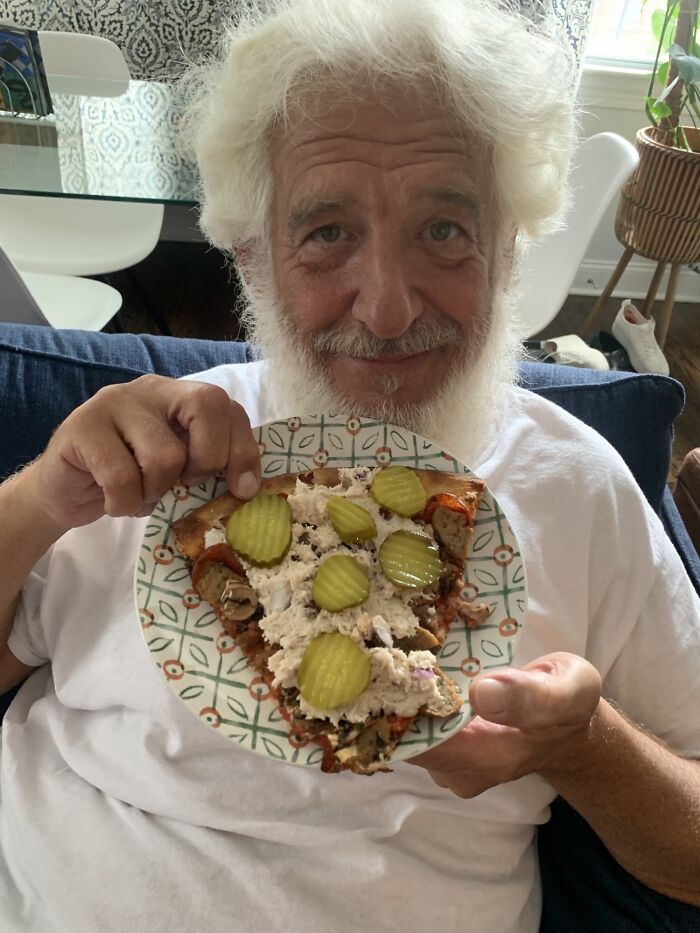My Fil Is In Town From Las Vegas And I Took Him To Get Some Good NYC Pizza. This Is What He Did To The Leftovers. That’s Tuna Salad And Pickles