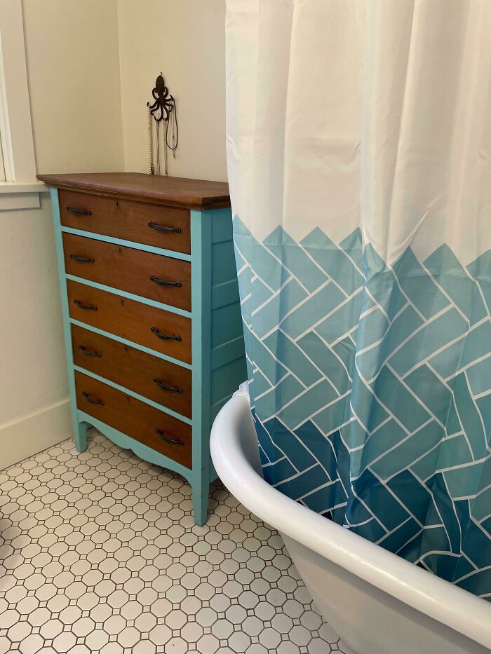 I Saw This Dresser The Other Week At A Local Antique Store And Loved It For Our New/Old House! Last Weekend My Husband And Oldest Son Surprised Me With It 💙 It Goes Perfectly And Makes Great Bathroom Storage!