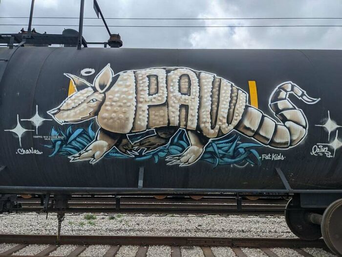 Graffiti art of an armadillo with the word PAW painted on a black train tank, showcasing creative street art.