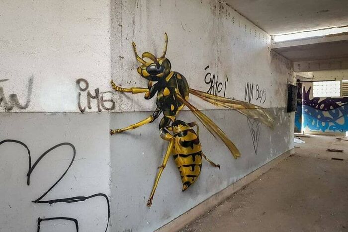 Graffiti art of a large yellow and black wasp painted on a blank wall in an urban tunnel, showcasing creative street art.
