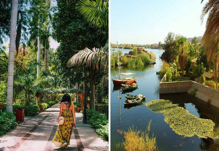 Woman walking through a lush garden pathway beside a tranquil river with boats and greenery in famous gardens.