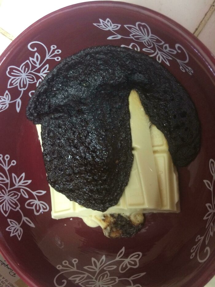 Mom Doing Christmas Baking And Was Trying To Soften/Melt Some White Chocolate In The Microwave. Ended Up Burning A Whole Bar