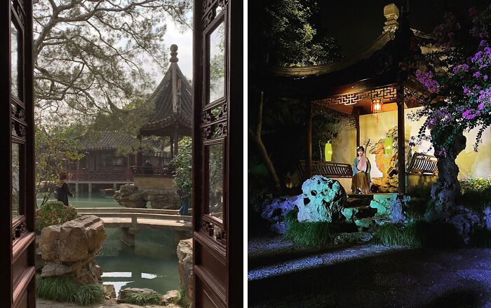 Traditional Asian garden with wooden pavilion and pond during day and illuminated garden scene at night showcasing famous gardens.