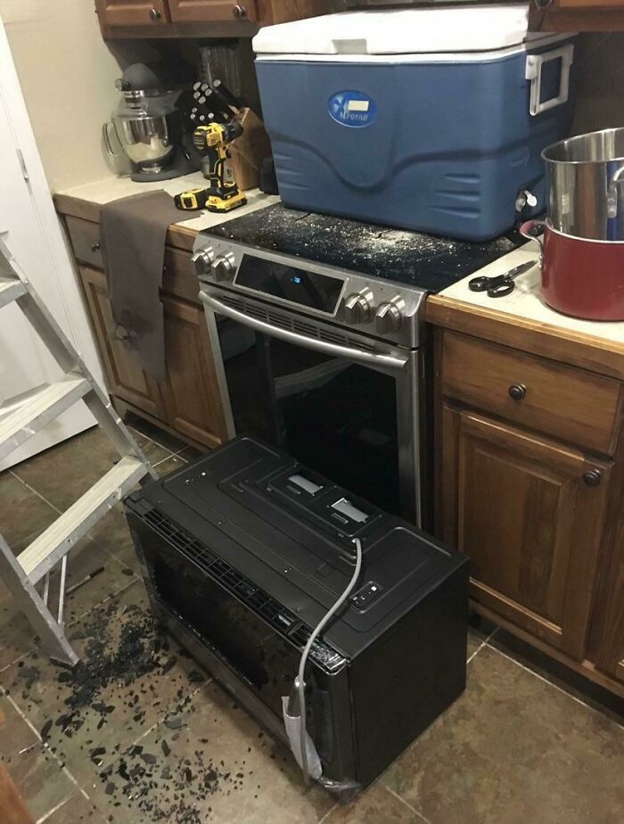 Just Tried (And Failed) To Install My New $450 Microwave. It Was On The Ice Chest When I Went To Grab A Drill And The Cat Knocked It Off