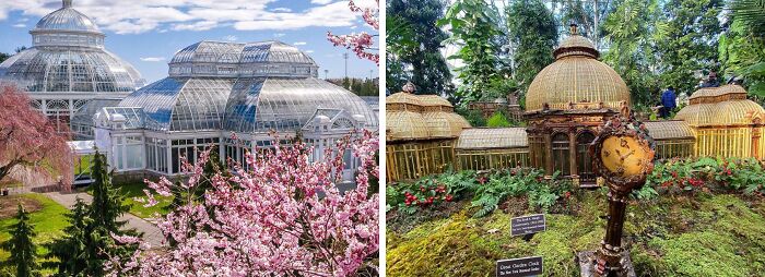 Famous gardens featuring a glass-domed conservatory and a detailed miniature garden clock surrounded by lush greenery.