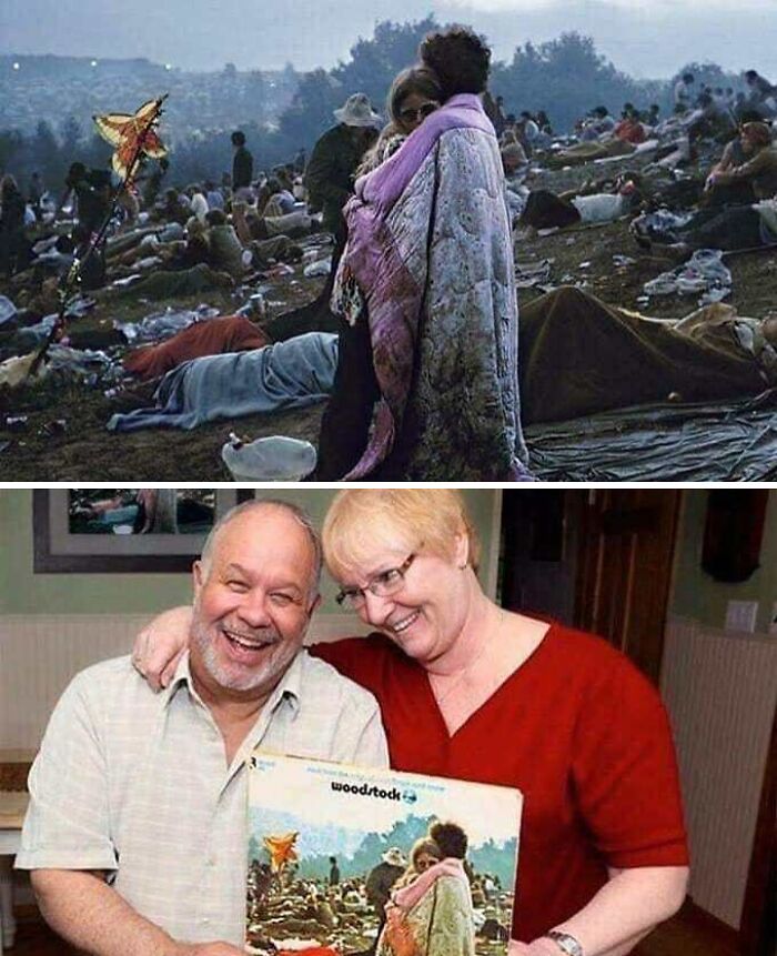 Couple wearing a blanket hugging at Woodstock festival, then holding the iconic Woodstock album cover years later.