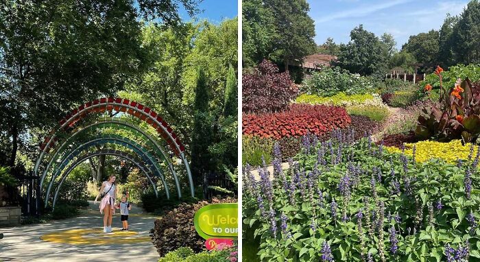 Colorful famous gardens with blooming flowers and lush greenery under a clear blue sky on a sunny day