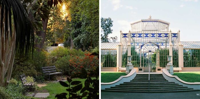 Two views of famous gardens featuring green foliage with benches and an ornate glass greenhouse entrance.