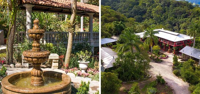 Stone fountain in a lush garden and aerial view of a famous garden estate surrounded by dense greenery and palm trees